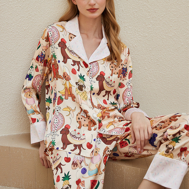 Dessert Dog Silky Pajama Set – Notched Collar Long Sleeve