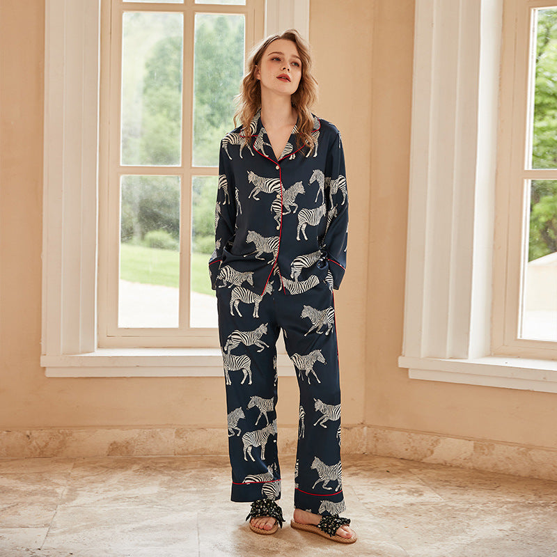 Navy Zebra Icy Silk Pajama Set – Long Sleeve