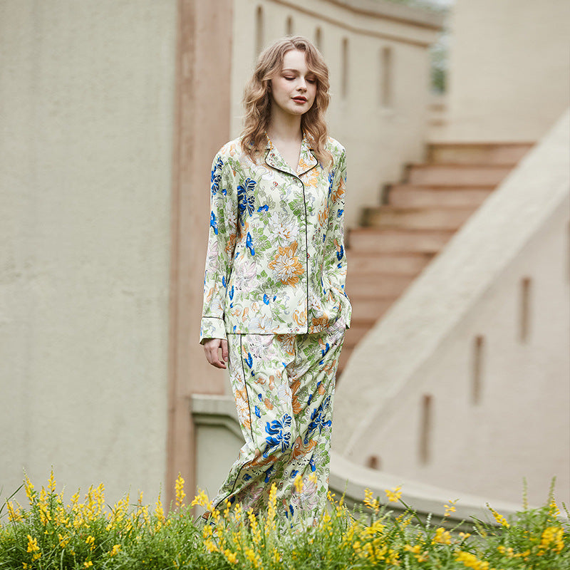 Floral Open-Front Silk Pajama Set – detail