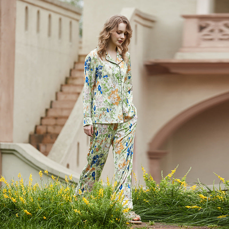 Floral Open-Front Silk Pajama Set – detail